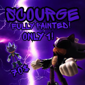 May include: A purple and black action figure of a hedgehog-like character with white gloves and a determined expression. The figure is fully painted and set against a purple background with lightning bolts and the word "Scourge".