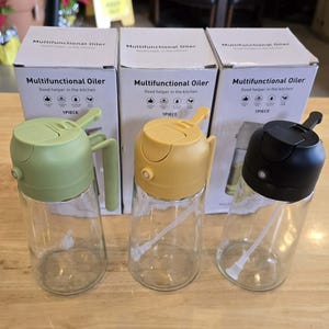 2‑in‑1 Oil Spray & Pour Bottle • 470ml Glass Kitchen Craft Tool • Baking and Cooking Oil Dispenser • Yellow Green Black