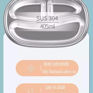May include: A stainless steel food container with three compartments, labeled "SUS 304" and "405ml." The image includes text highlighting features like easy cleaning and safety. The container is designed to take care of every meal.
