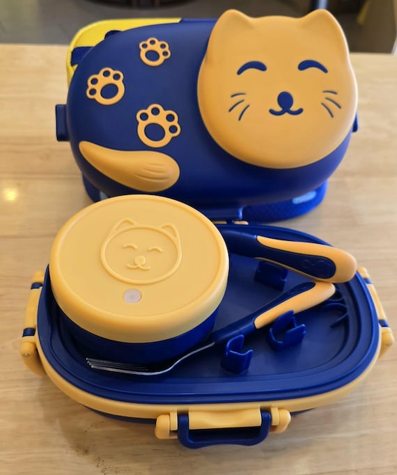 Cute Cat Bento Lunch Box Set with Stainless Steel Tray | Kids & Adults | 2 Colors | Leak‑Resistant | Utensils Included