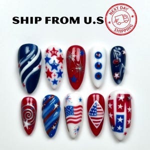 4th of July Press On Nails, Red White Blue Patriotic Nails, Stars Stripes Fireworks Fake Nails, Almond Stiletto Independence Day Nails