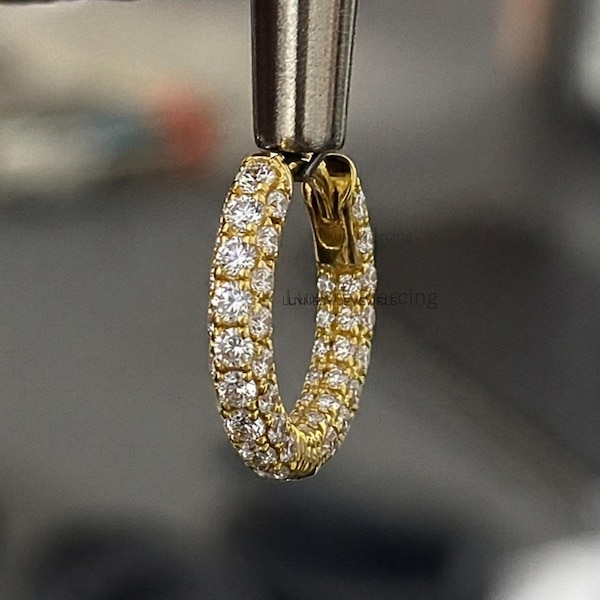14K massief gouden drievoudige rij lab-gegroeide diamanten Huggie-oorbellen | Ronde briljante diamantringen voor dames | Diamanten sieraden | Cadeau voor haar