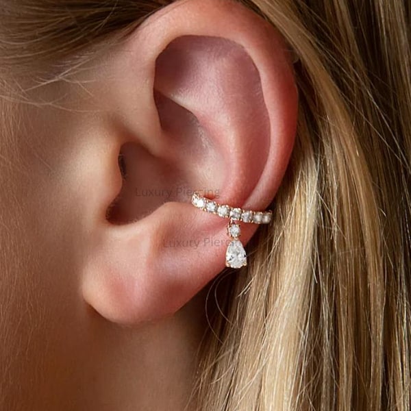 14 kt gouden peervormige diamantoormanchet, in het lab gekweekte diamanten conchmanchet met hangende hanger, kraakbeenpiercing, druppelvormige helixoorbel zonder piercing