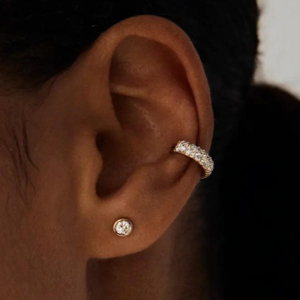 14k gouden pavé oormanchet met in het laboratorium gekweekte diamanten - Nep schelp oorbellen - Minimalistische diamanten sieraden - Luxe verjaardagscadeau voor vrouwen