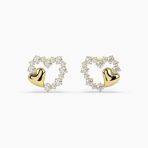 Lab Grown Diamond Heart Stud Earrings, 14k Solid Gold Pave Open Heart Piercing, Luxury Lobe Cartilage Stud, Romantic Gift for Women