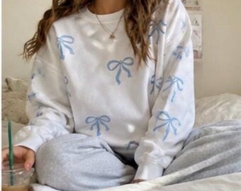 Felpa con fiocco Coquette / Girocollo con nastro blu / Felpa estetica Soft Girl / Maglione oversize carino