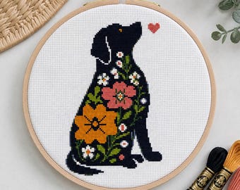 Floral Dog Cross Stitch Pattern, Modern Labrador Silhouette Embroidery Chart (PDF Download)