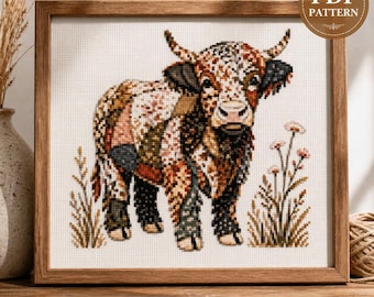 Patchwork Cow Cross Stitch Pattern, Farmhouse Animal Embroidery Chart (PDF Download)