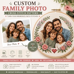Puede incluir: Un kit de patrón de punto de cruz con un bastidor de madera circular que contiene un retrato familiar bordado rodeado por una corona floral. La imagen incluye una foto de una familia de cuatro y el texto CUSTOM FAMILY PHOTO.