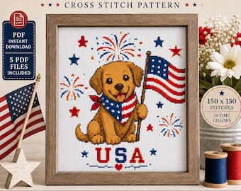 Patriotic Puppy Cross Stitch Pattern, USA Flag Dog Embroidery Chart (PDF Download)