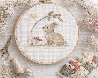 Spring Rabbit Cross Stitch Pattern, Cottage core Floral Bunny Embroidery Chart PDF Download