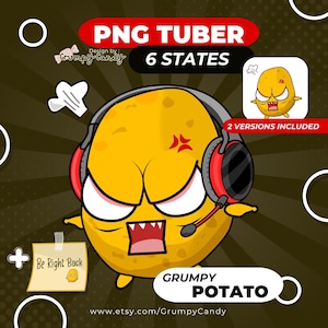 Könnte beinhalten: Cartoon-Illustration einer grummeligen Kartoffel-Figur mit Headset und Mikrofon. Das Bild enthält den Text "PNG Tuber", "6 States" und "Grumpy Potato". Eine kleine Notiz sagt "Be Right Back".