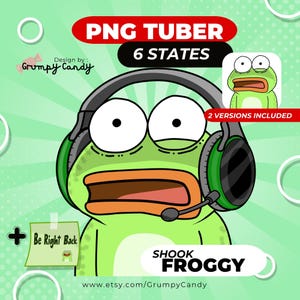 Pode incluir: Uma ilustração digital de um personagem de sapo verde usando fones de ouvido gamer pretos e verdes com microfone. O texto diz PNG TUBER 6 STATES, 2 VERSIONS INCLUDED, SHOOK FROGGY e Be Right Back. O design é de Grumpy Candy.
