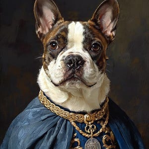 May include: A regal portrait of a Boston Terrier dog, adorned in a blue cloak and gold jewelry. The dog has a white and brown coat, with a serious expression. The artwork is reminiscent of a classic painting, with a dark background.