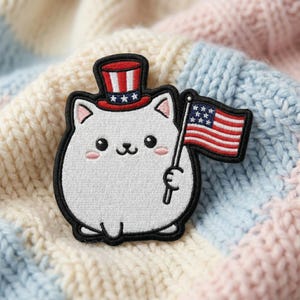 Patriotic Cat Embroidered Patch, Cute Uncle Sam White Kitten Patches for Denim Jacket Hat, American Flag USA 4th of July Iron On Badge