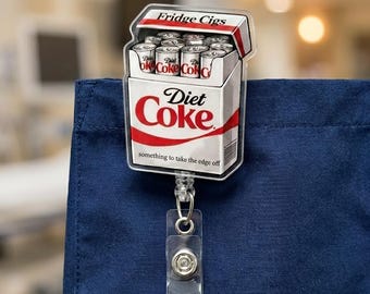 Diet Coke Fridge Cigs Badge Reel, Funny ID Holder, Retro Diet Coke Soda Can Cig Pack Acrylic Badge Reel, Nurse Work Humor Gift