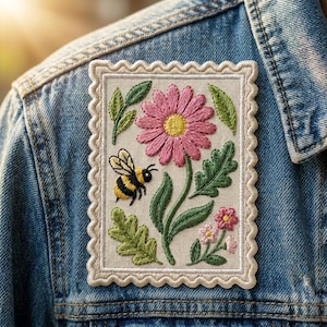 May include: A rectangular embroidered patch with a scalloped edge featuring a large pink daisy with a yellow center, a small bumblebee with black and yellow stripes, and green leaves on a cream background, attached to a blue denim jacket.