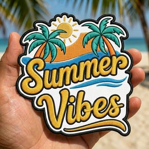 May include: An embroidered patch featuring the text Summer Vibes in yellow cursive script. The design includes two teal palm trees with orange trunks, a yellow sun with rays, and a blue wave graphic against a white background with black borders.