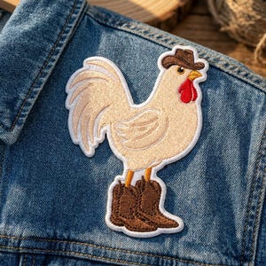 Funny Cowboy Rooster Embroidered Patch, Cute Chicken in Boots Patches for Denim Jacket Hat, Western Country Farmhouse Iron On,