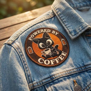Powered By Coffee Patch, Funny Black Cat Embroidered Patch, Cute Coffee Lover Iron On Patch, Round Cat Cafe Badge