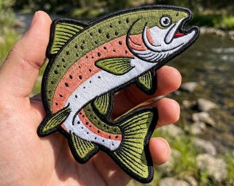 Rainbow Trout Embroidered Patch, Fishing Fly Fish Patches for Backpack Vest Hat, Personalized Iron On Animal Badge, Outdoors Gift Man