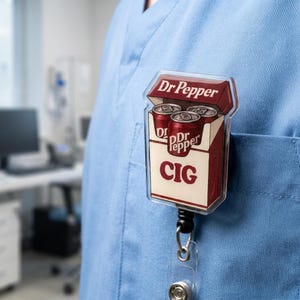 Dr Pepp.er Cig Pack Badge Reel, Funny Retractable ID Holder, Retro Soda Can Cig Pack Acrylic Badge Reel, Nurse Work Humor Gift