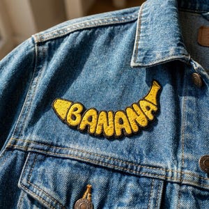 May include: A blue denim jacket featuring a yellow embroidered patch shaped like a banana. The patch has a black border and the word BANANA is stitched in black letters across the center of the yellow banana-shaped fabric design.