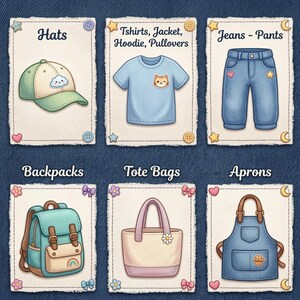 May include: A set of six rectangular cards featuring illustrations of apparel and accessories. The cards display a baseball cap, a t-shirt, blue jeans, a backpack, a tote bag, and an apron, each labeled with text including Hats, Tshirts, Jacket, Hoodie, Pullovers, Jeans - Pants, Backpacks, Tote Bags, and Aprons.