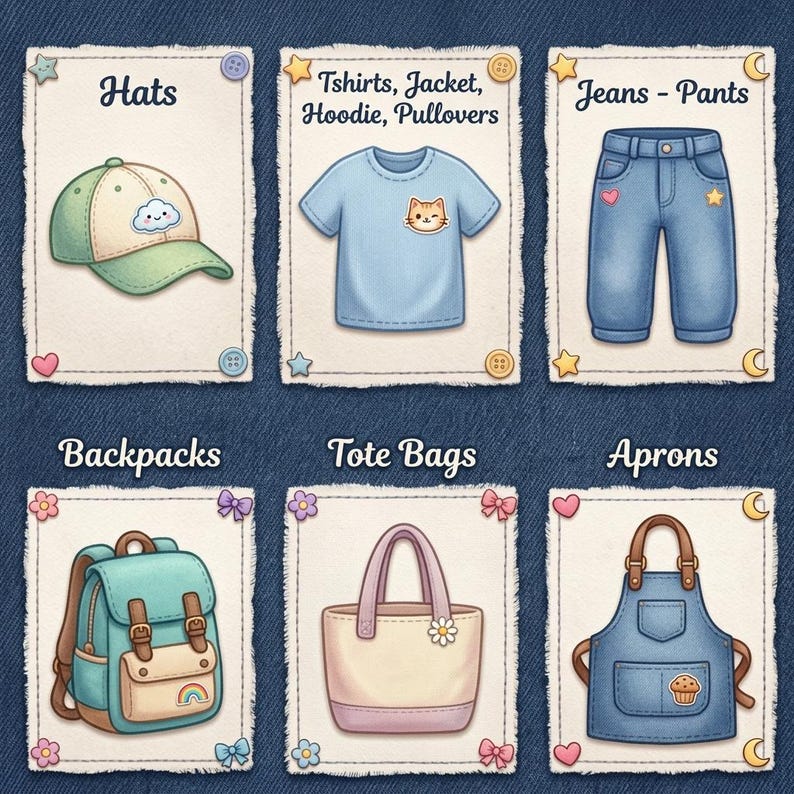May include: A set of six rectangular cards featuring illustrations of apparel and accessories. The cards display a baseball cap, a t-shirt, blue jeans, a backpack, a tote bag, and an apron, each labeled with text including Hats, Tshirts, Jacket, Hoodie, Pullovers, Jeans - Pants, Backpacks, Tote Bags, and Aprons.