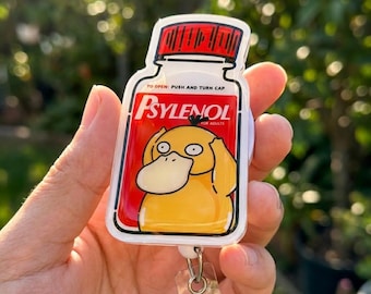 Psylenol Psyduck Badge Reel, Funny Retractable ID Holder, Cute Pokemon Pharmacist Acrylic Badge Reel