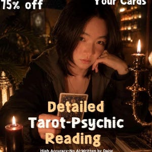 May include: A person holding a tarot card with text reading New Shop 75% off, You Choose Your Cards, Detailed Tarot-Psychic Reading, High Accuracy-No AI-Written by Daisy, surrounded by lit candles and multiple tarot cards on a dark surface.