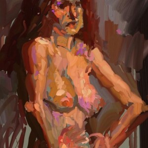 May include: An oil painting of a person with long red hair, rendered in a loose, expressive style. The figure is depicted from the chest up, with a focus on the face and upper body. The color palette is warm, featuring shades of orange, pink, and brown.