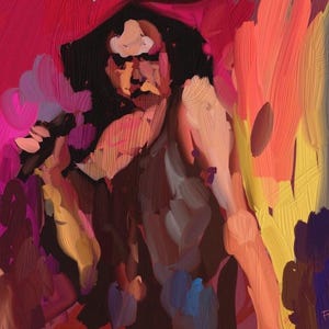 May include: Abstract painting with a figure holding a microphone, rendered in bold brushstrokes. The artwork features a vibrant palette of pinks, oranges, yellows, and purples, creating a dynamic and expressive composition. The artist's signature is visible.