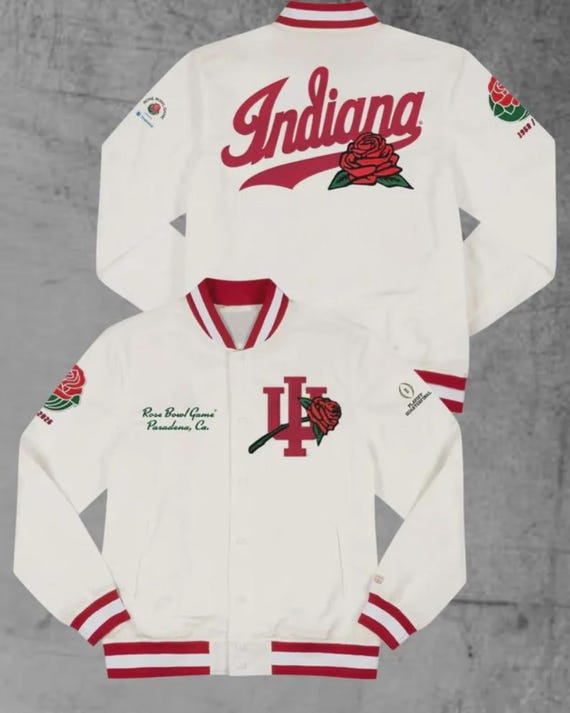 Indiana Hoosiers Rose Bowl White Satin Bomber Jacket, Retro College Football Varsity Style
