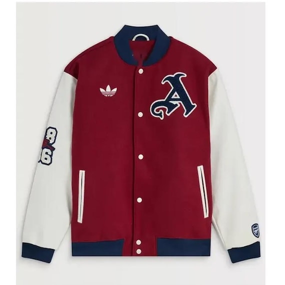 Arsenal Inspired Varsity Jacket, Red and White Bomber Coat, Soccer Fan Gift, Trendy Streetwear