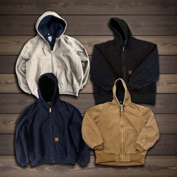 Vintage Carhartt J130 Sandstone Duck Canvas Hooded Workwear Jacket – Distressed Streetwear USA Style