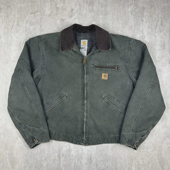 Vintage Carhartt J97 Detroit Jacket – Moss Green Blanket Lined Canvas Workwear USA Made