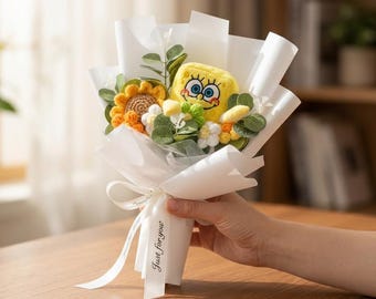 スポンジボブのぬいぐるみブーケと装飾花、誕生日プレゼントやかわいいアニメ好きへのプレゼントにぴったりのキュートな漫画キャラクターアレンジメント