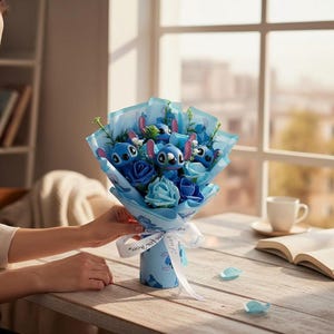 Side angle of the plush flower bouquet showing the white satin ribbon bow.