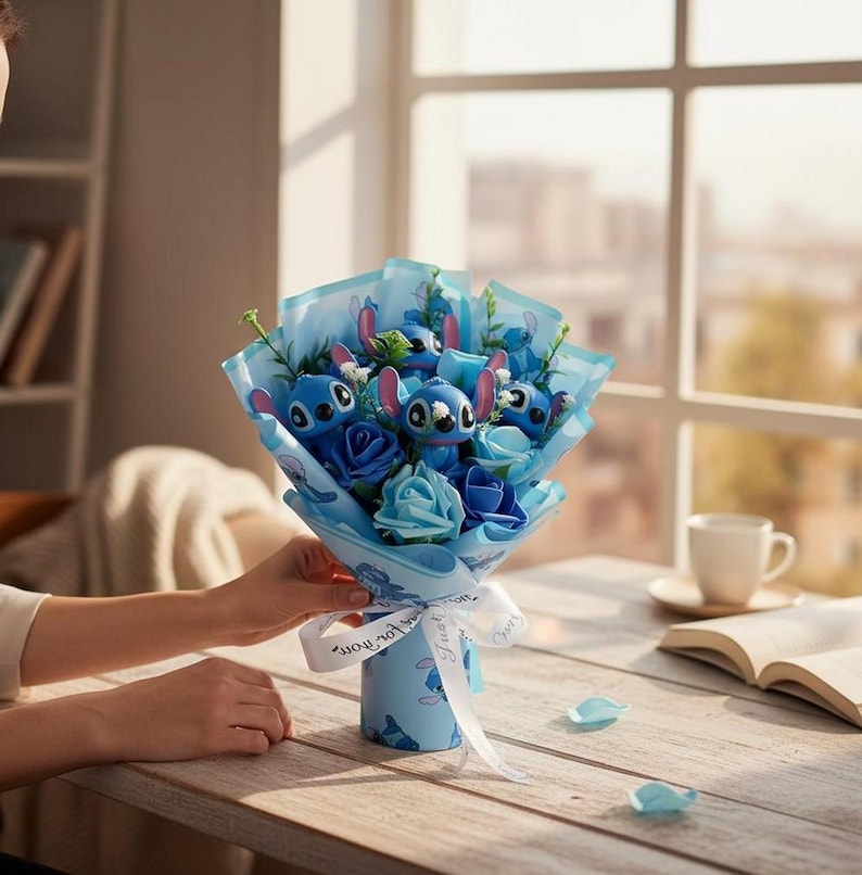 Side angle of the plush flower bouquet showing the white satin ribbon bow.