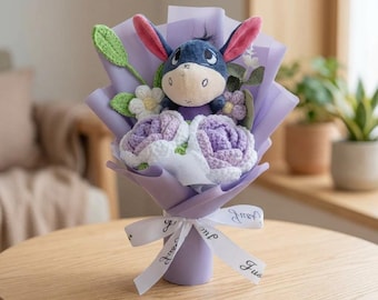 Eeyore Plush Bouquet with Crochet Flowers in a Purple Wrap, a Cute Birthday Gift for Disney Fans and Unique Cartoon Lover Room Decor