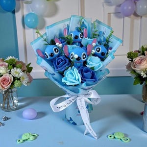 Stitch plush flower bouquet, a cute kawaii gift for Disney fans.