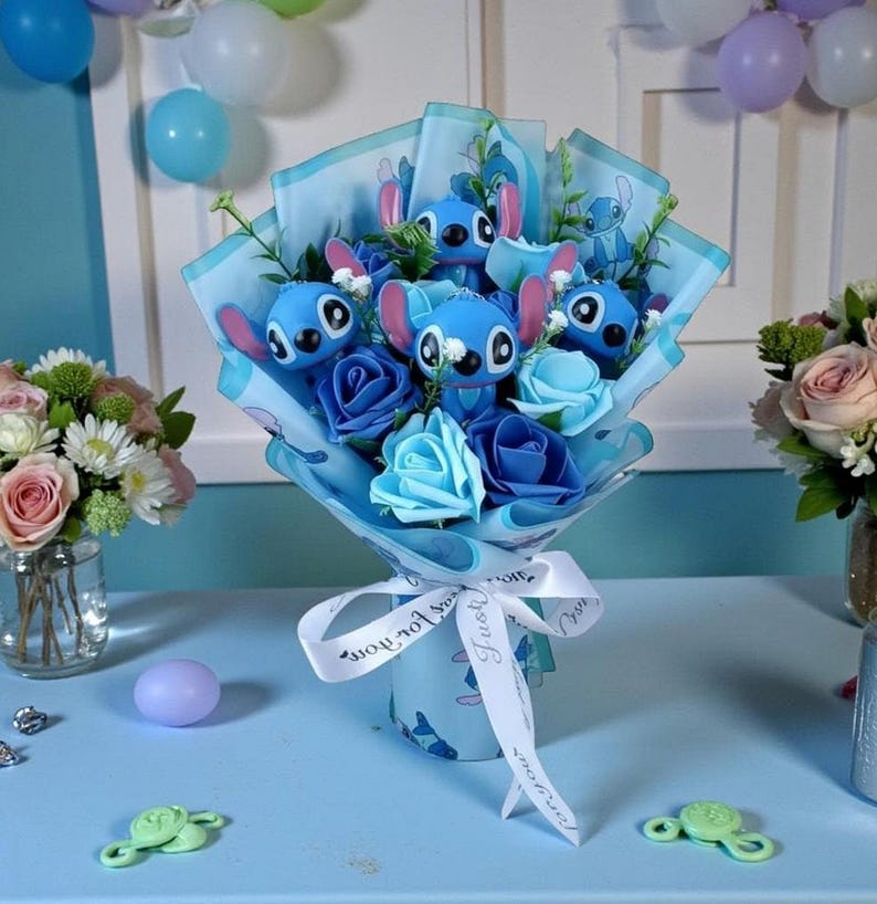 Stitch plush flower bouquet, a cute kawaii gift for Disney fans.