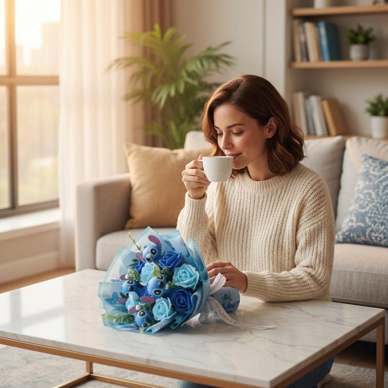 The Stitch bouquet shown as a perfect birthday or graduation gift idea.