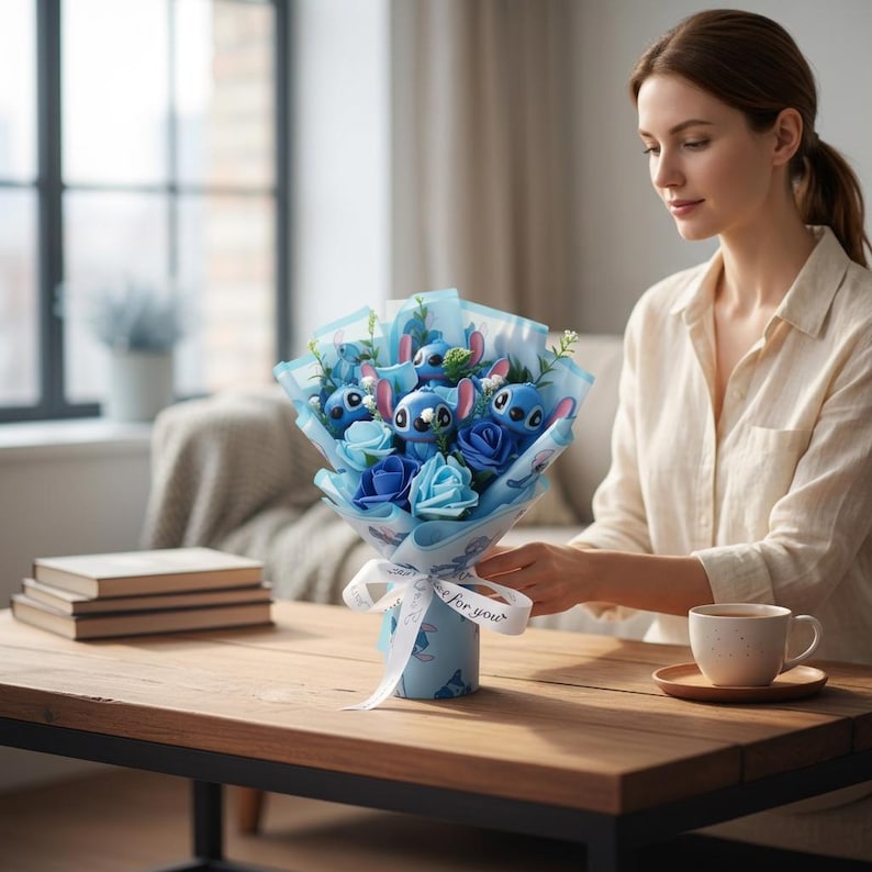 Close-up of the Stitch plush figures nestled among blue artificial roses.