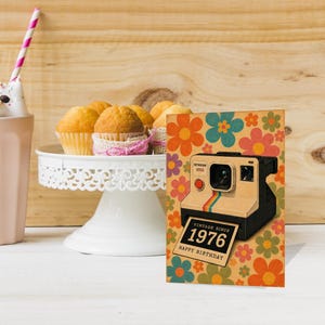 ヴィンテージ1976年生まれの誕生日カード、1976年生まれへのギフト、レトロカメラの誕生日カード、お父さん、お母さん、友達へのハッピーバースデーカード