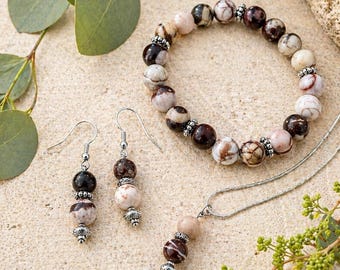 Bamboo Jasper Jewelry Set | Natural Stone Bracelet, Necklace & Earrings Set | Earth Tone Gemstone Jewelry | Handmade Matching Set Gift