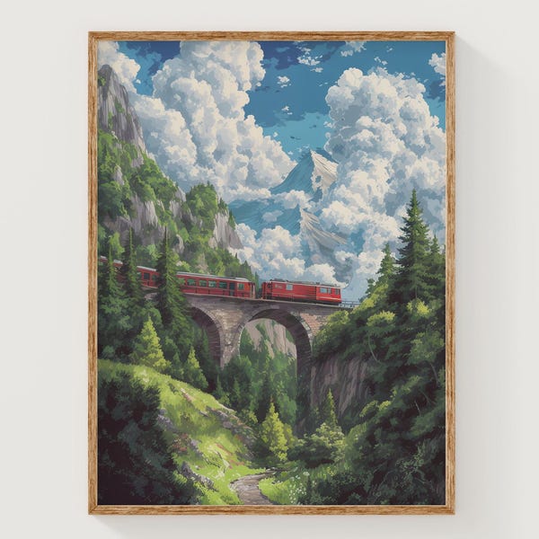 Alpine Nature Painting, Mountain Train Travel Poster, Scenic Valley Wall Decor, Lush Forest Landscape Print, Railway Journey