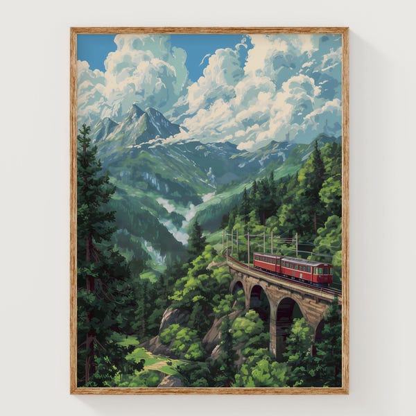 Mountain Train Art, Alpine Forest Print, Scenic Railway Bridge Poster, Lush Valley Landscape Painting, Nature Travel Decor
