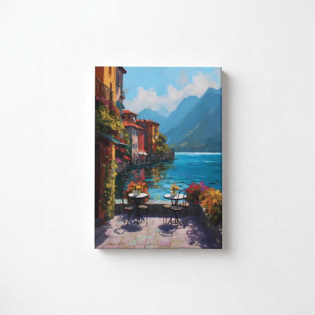 Lake Como Canvas Painting, Italian Cafe Canvas Wall Art, Lakeside ...